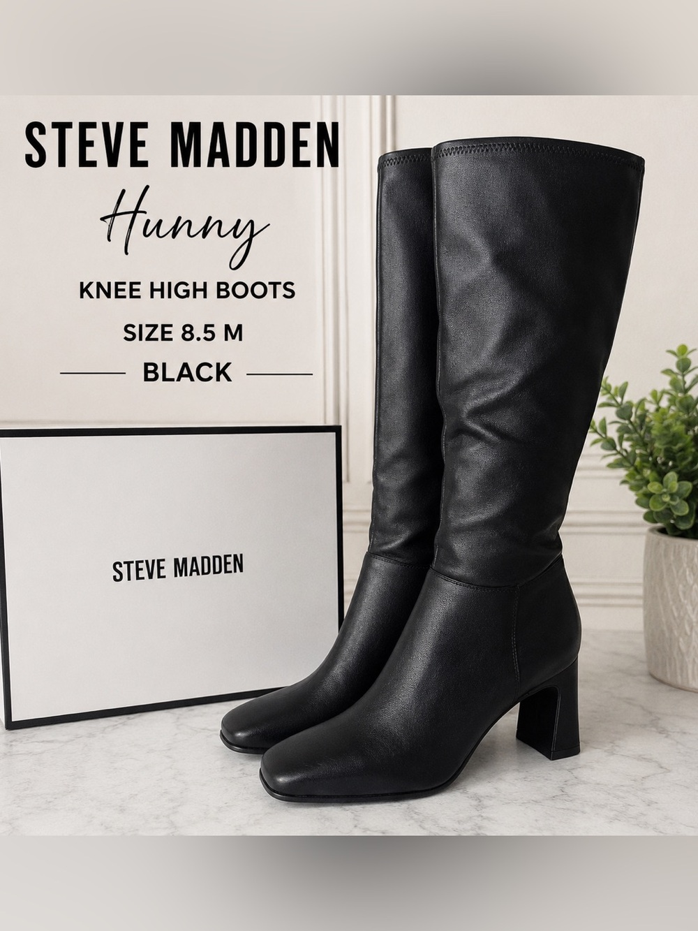 Steve Madden Hunny Knee High Boots Black Size 8.5 NWT Block Heel quiet luxury